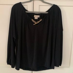 Michael Kors 1X black blouse with gold chain detail on neckline